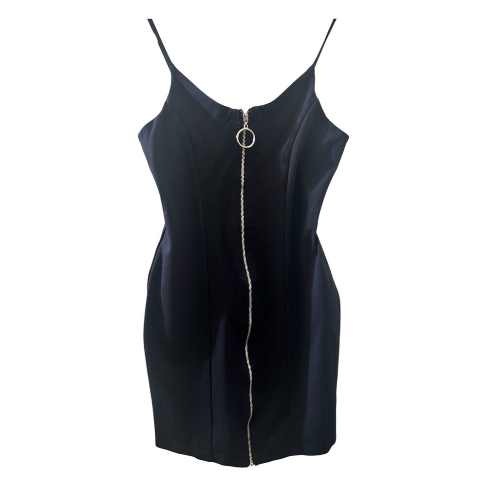 Y2K Black Zip-Front Bodycon Mini Dress with Ring Puller Size S